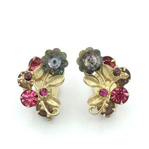 GRAY PINK rhinestone flower clip-on earrings - gold-tone leaves margarita stones